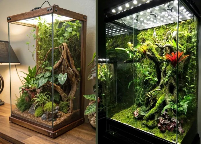 Một terrarium với cây xanh và các tiểu cảnh nhỏ
