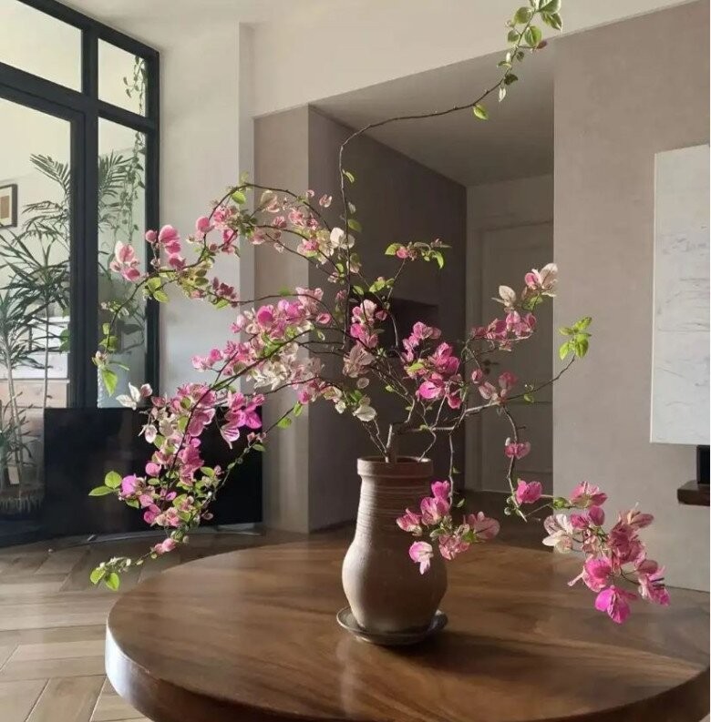 Một chậu hoa giấy được đặt trên bàn gỗ cổ điển, tạo nên không gian thanh lịch.