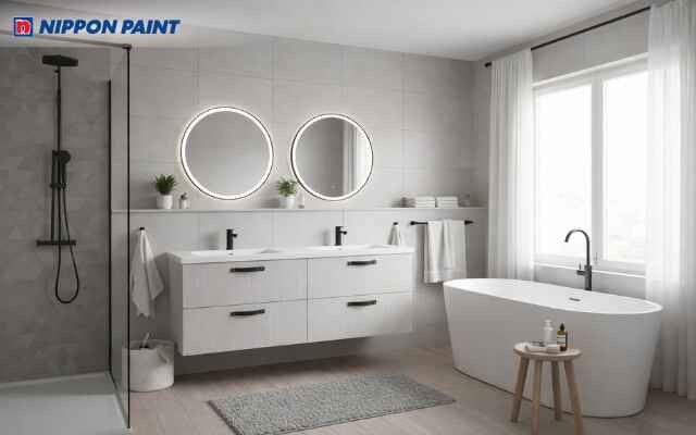 Mẫu phòng tắm màu xám trắng dành cho gia đình